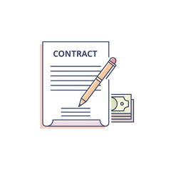 A formal contract document with a pen and money