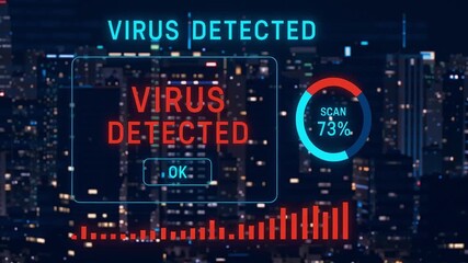 Virus detected alert cybersecurity interface cityscape night scan progress data visualization urgent red blue tones progressive scan circle data chart conveying threat dark computer screen across - Powered by Adobe