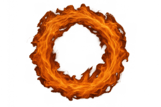 Fire ring forming a circle, abstract flame portal or hot energy element, transparent background