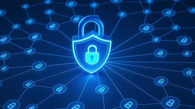Secure shield lock icon connected network nodes symbolizing digital security and data protection across interconnected devices and cloud systems glowing blue neon design conveying trust Blue shield