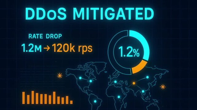 DDoS mitigation dashboard combines global map, traffic rate drop from 1.2M to 120k rps with 90% reduction visualized by circular chart, ring chart, glowing analytics bars and network traffic