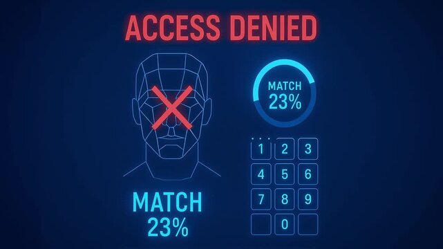 Access denied biometric face scan facial recognition match 23% security interface user authentication denied red cross blue hud numeric keypad futuristic neon blue warning screen conveying rejection