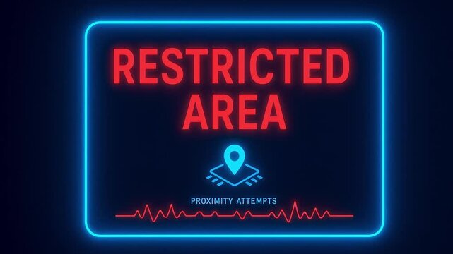 Restricted area neon sign location pin map marker heartbeat line proximity warning security glowing blue frame red text dark background digital sensor proximity alert glowing red and blue light
