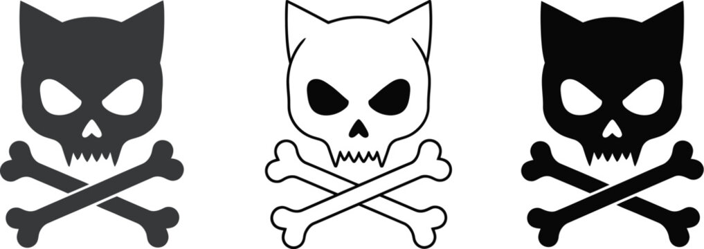 Three cat skull and crossbones icons in black and white variations
