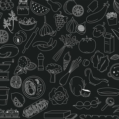 Farmer's market background with line icons. Fruits, vegetables, eggs, meat and fish - Vector illustration