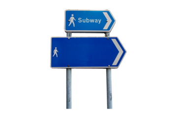 Signs blue rectangle aluminum with white letters subway, arrow and pedestrian icon isolated on cutout PNG or transparent background. Provides directions to underground metro station sign.