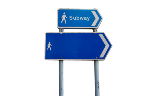 Signs blue rectangle aluminum with white letters subway, arrow and pedestrian icon isolated on cutout PNG or transparent background. Provides directions to underground metro station sign.