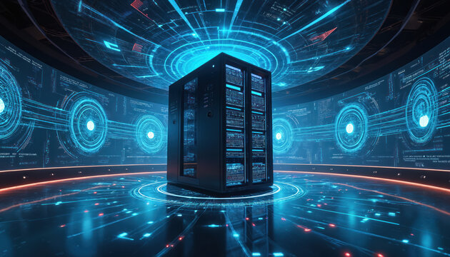 Powerful server room with data projections. Tech infrastructure hosting computer equipment for digital tasks. Data center with glowing circuits, futuristic interface. AI, big data, tech processing