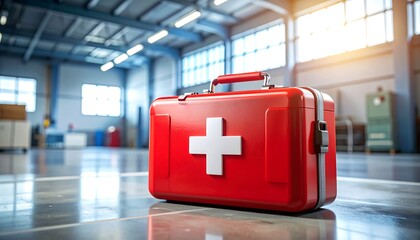 Bright red first aid kit sits ready on a glossy gray floor inside a blue and gray warehouse with sunny windows
