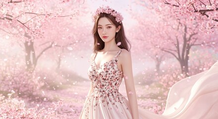 Elegant young woman in cherry blossom floral gown and flower crown, posing gracefully outdoors among pink blooming petals, spring nature portrait, dreamy romantic beauty, delicate light, soft fantasy 