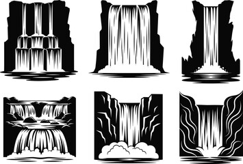 Waterfall silhouette vector, nature clipart, black cascade design, stylized flow, rock formation, misty drop, landscape graphic, isolated illustration