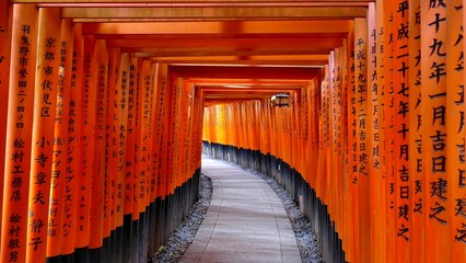 Iconic pathway lined with traditional red torii gates at a Japanese shrine, creating a stunning...