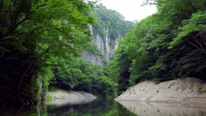 Serene river flowing through lush green forest and tall cliffs, reflecting the natural beauty and tranquility of summer in Japan