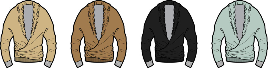 Fashionable collection of women's long-sleeve wrap blouses and cardigans in a diverse neutral color palette, ideal for apparel design and lifestyle branding projects