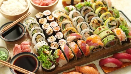 Colorful sushi platter with assorted rolls, nigiri, and fresh ingredients beautifully arranged for authentic Japanese cuisine, ideal for food, culture, and restaurant concepts