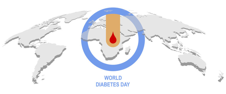 blue circle in the middle of the world map with fingers and blood, world diabetes day concept, vector illustration isolated on white background. - Powered by Adobe