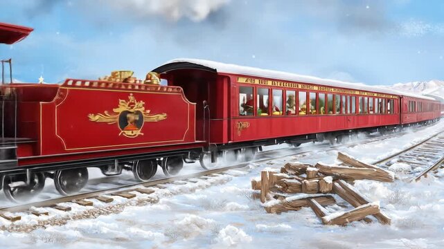 A beautifully decorated red passenger train embarks on a festive winter holiday trip through the snowy mountains