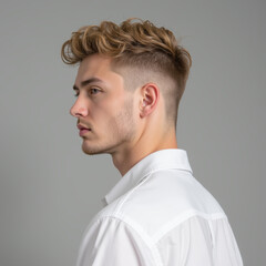 Obraz premium Stylish young man with trendy hairstyle, wearing white shirt, posing against neutral background, exuding confidence and modernity