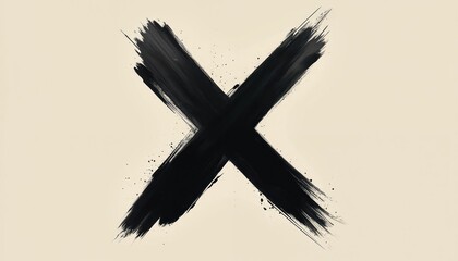 Black X mark on beige background. Bold brush stroke forming X shape. Abstract design with texture, splatters. Modern minimalist art with black paint on neutral beige canvas. Simple yet striking