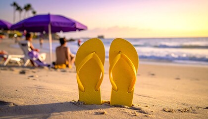 Bright yellow flip-flops stand upright in the sand, with a beach scene in the background featuring umbrellas and people