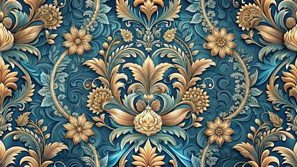 European Victorian Damask Pattern Western Baroque Ornate Floral Seamless Background Vintage Elegant Wallpaper Textile Fabric Luxury Home Decor Classic Decorative Antique Design