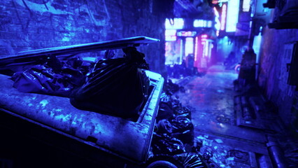 Dimly lit alley features overflowing trash bins illuminated by bright neon lights. The scene creates a surreal and urban atmosphere, with vibrant colors contrasting the littered ground.