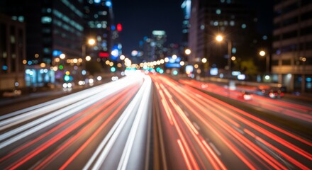 Obraz premium Captivating long exposure light trails illuminate a bustling city at night, showcasing urban dynamism