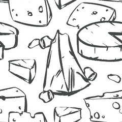 Vector pattern with various cheeses: Swiss, soft Camembert, Parmesan, Brie, Gouda, and Cheddar. This hand-drawn farmhouse cheese clip art imitates a quick chalk sketch on a blackboard.