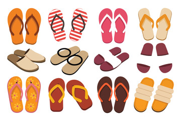 Collection of Flip Flops and Slippers Vector Icons Summer Beach, Home Footwear Flat Design Set