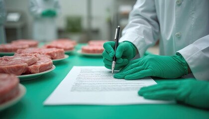 Worker in white coat and green gloves signs document near raw meat portions. Quality check procedure in food processing industry workplace. Professional hygiene standards met.