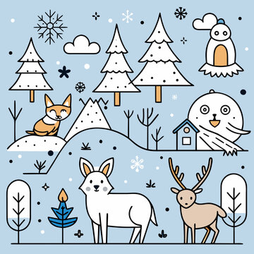 Winter Animals Line Art Vector Collection | Minimal Wildlife & Forest Outline Illustrations