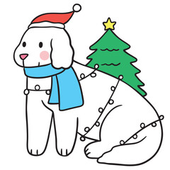 Cartoon Dog Wearing Santa Hat with Christmas tree.