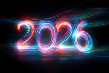 dynamic neon swirls encircling glowing 2026 typography in a vibrant display of abstract colorful futuristic light