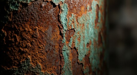 Vibrant texture of heavily rusted metal surface with peeling layers