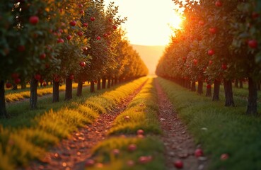 Naklejka premium Apple orchard path is seen during golden hour. Ripe apples on trees, sun light bathes field. Rows of plants grow on an agricultural land. Scenic rural landscape with sun.