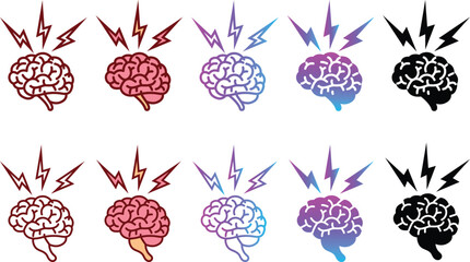 Collection of human brain vector symbols with electric bolts, symbolizing headache, stress, migraine, or a creative brainstorm, isolated in various color styles.