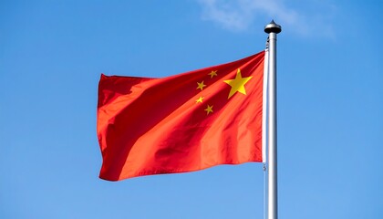 Brightly colored flag of a nation, waving in a clear blue sky. The flag displays a red field with yellow stars. A pole holds it