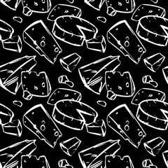 A vector background with various cheeses: Swiss, soft Camembert, Parmesan, Brie, Gouda, and Cheddar. This hand-drawn seamless pattern features farmhouse cheese. It mimics a quick ink and brush sketch.