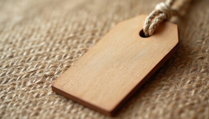 Fototapeta premium Blank wooden tag with rope sits on textured jute fabric. Simple natural material for branding, pricing or gift ideas. Ready for your custom text.