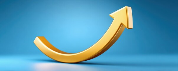 Financial growth and income concept. A golden upward arrow on a blue background symbolizes growth, progress, and success in various contexts.