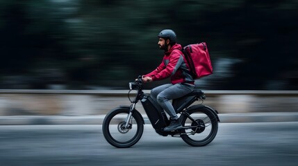 A delivery rider navigates an urban street on a fast moving electric bike carrying a prominent insulated backpack
