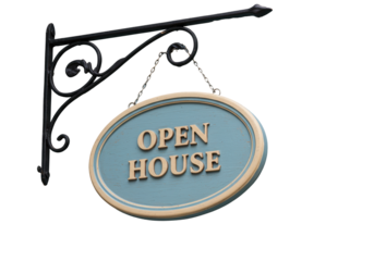 Isolated Open House sign hanging by chain, antique bracket, real estate, home for sale