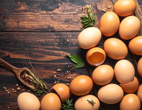 Brown eggs with herbs and spices arranged on a dark, wooden background for food photography