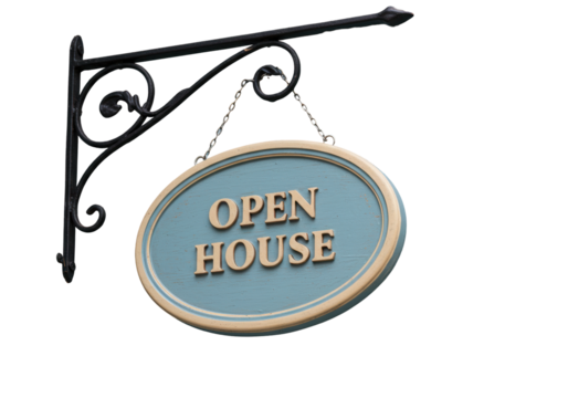 Isolated Open House sign hanging by chain, antique bracket, real estate, home for sale