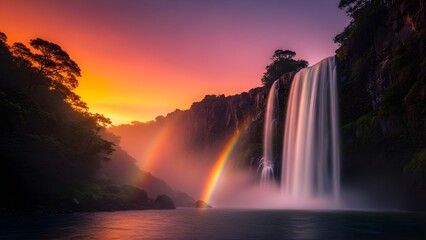 Beautiful waterfall rainbow landscape at sunset nature photography scenic view travel destination wallpaper background