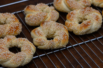 Homemade Turkish Simit on a Wooden Board