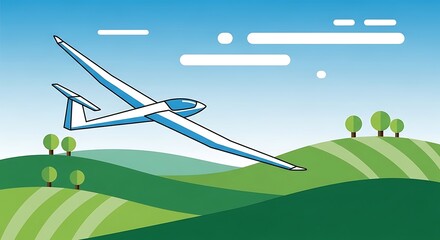 Fototapeta premium Glider soars over green hills on a sunny day illustration.
