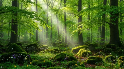 Fototapeta premium Beautiful green forest landscape with sunlight streaming through trees scenic nature photography