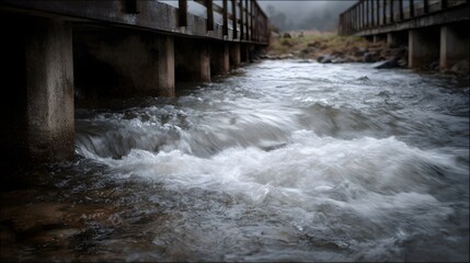 A fast flowing river rushes beneath a rustic wooden bridge supported by concrete pillars with misty natural surroundings