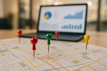 Location Analytics: A vibrant display of data and strategic planning. A collection of colorful pins mark significant locations on a map, with a laptop displaying business analytics in the background.